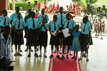 Schoolchildren in South Sudan singing during the national launch of the campaign “Children, Not Soldiers.”