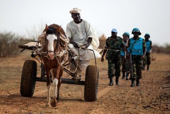 A farmer in Karbab, South Darfur, rides his cart while Tanzanian troops from the African Union-UN Hybrid Operation in Darfur (UNAMID) arrive at the village as part of a routine patrol.