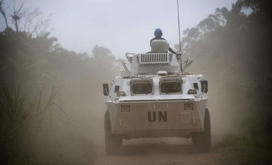 An armored personnel carrier on patrol near Beni, where the UN Organization Stabilization Mission in the Democratic Republic of the Congo (MONUSCO) is supporting the Congolese National Forces (FARDC) in an operation against the Allied Democratic Forces (ADF) rebel militia. March 2014.
