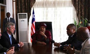Head of the UN Mission for Ebola Emergency Response (UNMEER), Anthony Banbury (left) meeting with the President of Liberia Ellen Johnson-Sirleaf (to his left) in the capital Monrovia.