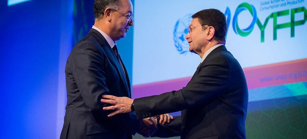 UNWTO Secretary-General Taleb Rifai (right) with Tourism Minister of Morocco, Lahcen Haddad, during the 10YFP Sustainable Tourism Programme launch at the World Travel Market in London.
