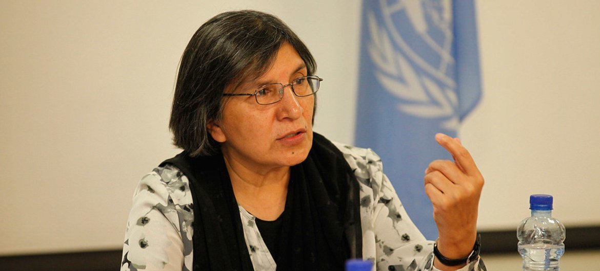 Special Rapporteur on violence against women, Rashida Manjoo, addresses a press conference in Kabul, Afghanistan.