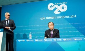 Secretary-General Ban Ki-moon at press conference in Brisbane, Australia for G20 Summit 2014. Also pictured UN Spokesperson Stephane Dujarric.
