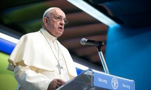 Pope Francis addresses the Second International Conference on Nutrition (ICN2) at FAO Headquarters in Rome.