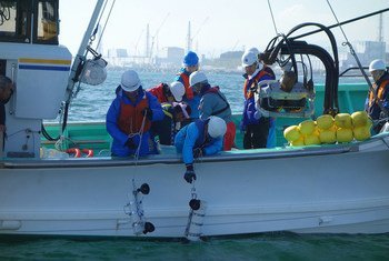 IAEA marine experts and Japanese scientists collect water samples in coastal waters near the Fukushima Daiichi Nuclear Power Station.