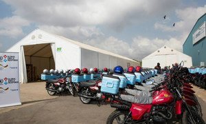 Four hundred cooler box-equipped motorbikes for the Ebola Response were officially handed over to the UN Humanitarian Response Depot by German Ambassador to Ghana Ruediger John, and will be used to bring blood samples to labs in the most affected areas of Sierra Leone, Liberia, and Guinea. UNMEER Photo/Martine Perret