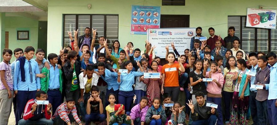On the occasion of International Volunteers Day 2014, UN Volunteers (UNV) in Nepal organized  'Proper Garbage Disposal and Clean Hands Campaign' for hearing impaired students and staff.
