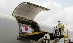 Some 20,000 sets of Personal Protective Equipment (PPE) from the Japan Disaster Relief Team for the Ebola response are offloaded in Ghana.