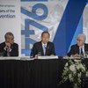 Secretary-General Ban Ki-moon (centre) flanked by the Secretary General of the International Civil Aviation Organization (ICAO) Raymond Benjamin (right) and the Mayor of Chicago Rahm Emanuel speaks at the opening of the extraordinary session of the ICAO C