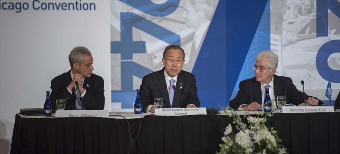 UN Secretary-General Ban Ki-moon speaks at a podium during a meeting with the Mayor of Chicago and the ICAO Secretary-General to celebrate 70 years of the Chicago Convention.