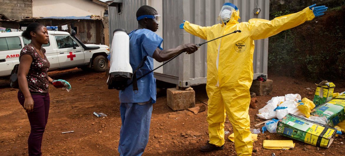 Ambulance depot near an emergency response centre, in Freetown, Sierra Leone. Ambulances and drivers have to be disinfected after each trip carrying suspected Ebola cases.