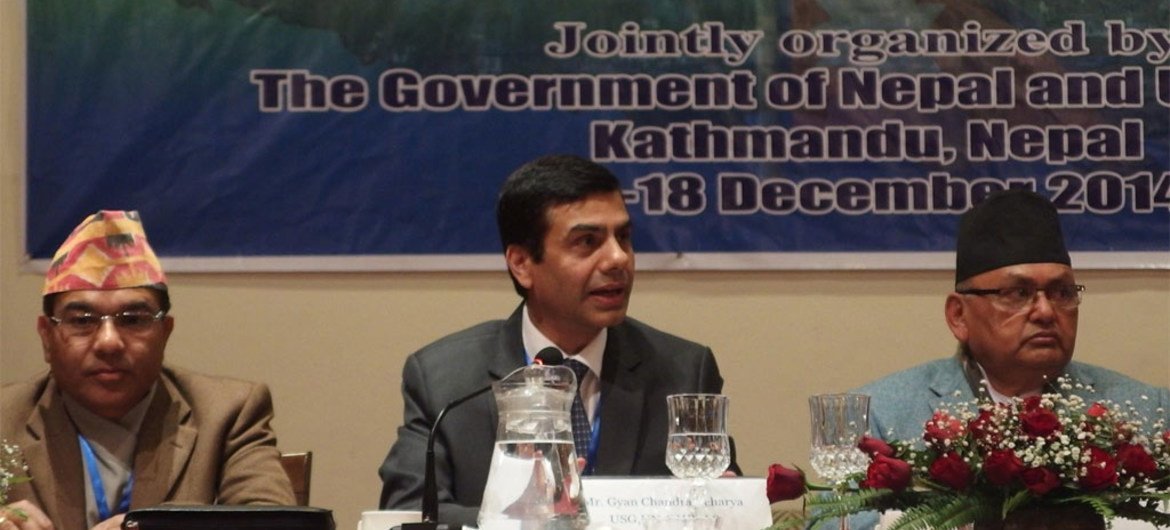 Under Secretary-General Gyan Chandra Acharya (center) at the Nepal Ministerial Meeting.