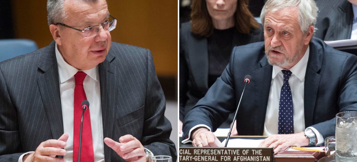 UNODC's Yury Fedotov (left) and UNAMA's Nicholas Haysom address the Security Council on the situation in Afghanistan and its implications for international peace and security.