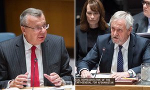 UNODC's Yury Fedotov (left) and UNAMA's Nicholas Haysom address the Security Council on the situation in Afghanistan and its implications for international peace and security.