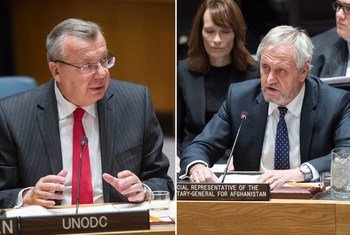 UNODC's Yury Fedotov (left) and UNAMA's Nicholas Haysom address the Security Council on the situation in Afghanistan and its implications for international peace and security.