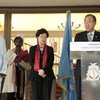 Secretary General Ban Ki-Moon (r), with Dr. Margaret Chan, Director General, World Health Organization (WHO) (c), with Guinean President Alpha Condé (l) in Conakry. December 2014.