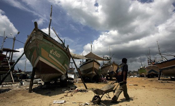 Корабли, поврежденные цунами в Шри-Ланке в декабре 2004 года, ожидают починки в центре восстановления при содействии ФАО