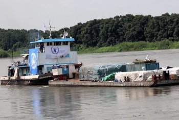 A WFP barge transporting food supplies on the Nile River.