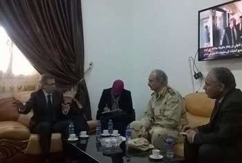 Special Representative for Libya, Bernardino León (left) meets with General Khalifa Haftar (second right) in Al-Marj.