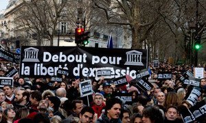 Une vue des participants à la marche de dimanche organisée pour la liberté d'expression et pour la solidarité avec les victimes de l'attaque contre le magazine  Charlie Hebdo.