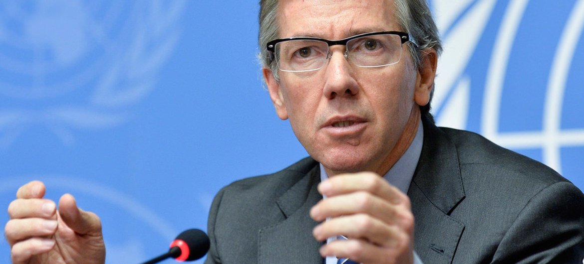 Head of the UN Support Mission in Libya (UNSMIL), Bernardino Léon at a press conference during the meeting of Libyan parties at UN Headquarters in Geneva.
