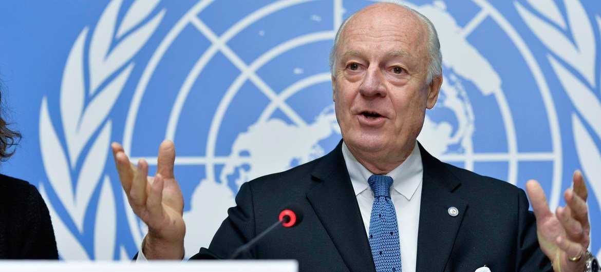 L’Envoyé spécial pour la Syrie, Staffan de Mistura, lors d’une conférence de presse à Genève, en janvier 2015. Photo ONU/Jean-Marc Ferré
