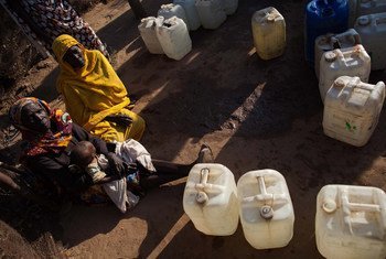 Des femmes attendent pour recueillir de l'eau dans le camp de Nifasha pour personnes déplacées à Shangil Tobaya, au Nord-Darfour. Photo : MINUAD/Albert Gonzalez Farran