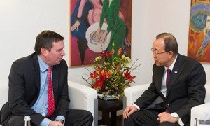 Secretary-General Ban Ki-moon (right) meets with Christian Paradis, Minister for International Development of Canada, in Davos, Switzerland.