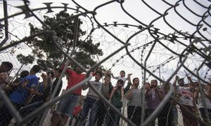 Asylum-seekers in a holding centre on Greece’s Samos Island.