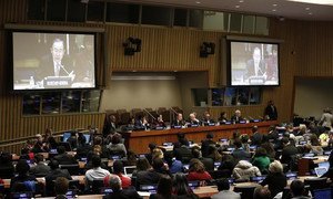 Secretary-General Ban Ki-moon (on screens) addresses Youth Forum at UN Headquarters in New York.