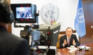 Secretary-General Ban ki-moon delivers remarks via live video link with Sustainable Development Summit in Delhi, India.
