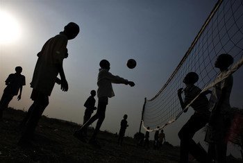 A group of boys displaced by violence in South Sudan, playing in a UNICEF-supported child friendly space.
