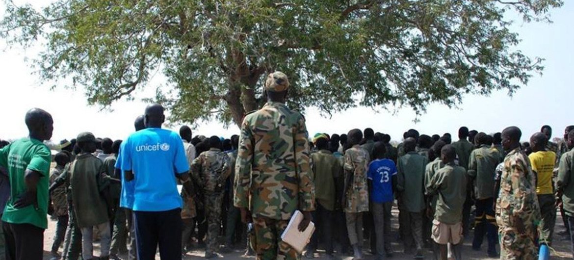 Demobilized child soldiers in the village of Gumuruk, Jonglei State, South Sudan.