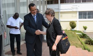 In Accra, Ghana, UNDP Administrator Helen Clark (right) is greeted by UNMEER head Ismail Ould Cheikh Ahmed, en route to Ebola-affected countries in West Africa.