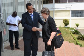 In Accra, Ghana, UNDP Administrator Helen Clark (right) is greeted by UNMEER head Ismail Ould Cheikh Ahmed, en route to Ebola-affected countries in West Africa.