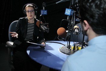 UN Radio Producer Stephanie Coutrix at Headquarters in New York. World Radio Day 2015.