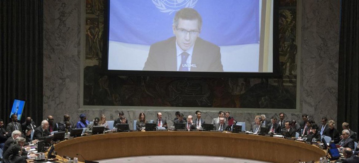 Special Representative Bernardino León (on screen) addresses the Security Council via video link from Tripoli, Libya.