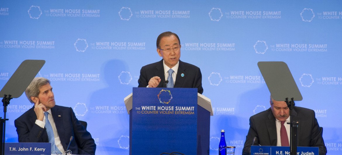Secretary-General Ban Ki-moon (centre) addresses the opening of the Ministerial Meeting of the Summit on Countering Violent Extremism, hosted by the United States Government, in Washington, D.C.