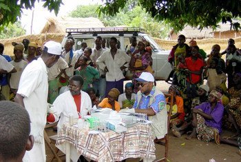 一个国家流动队的医务人员在乍得村庄帮助甄别热带病。