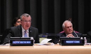 Executive Director of the UN Office on Drugs and Crime (UNODC), Yury Fedotov (left), and President of the Economic and Social Council (ECOSOC) Martin Sajdik.