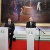 Secretary-General Ban Ki-moon (right) at joint press briefing with Paraguay’s President Horacio Manuel Cartes Jara in Asunción.