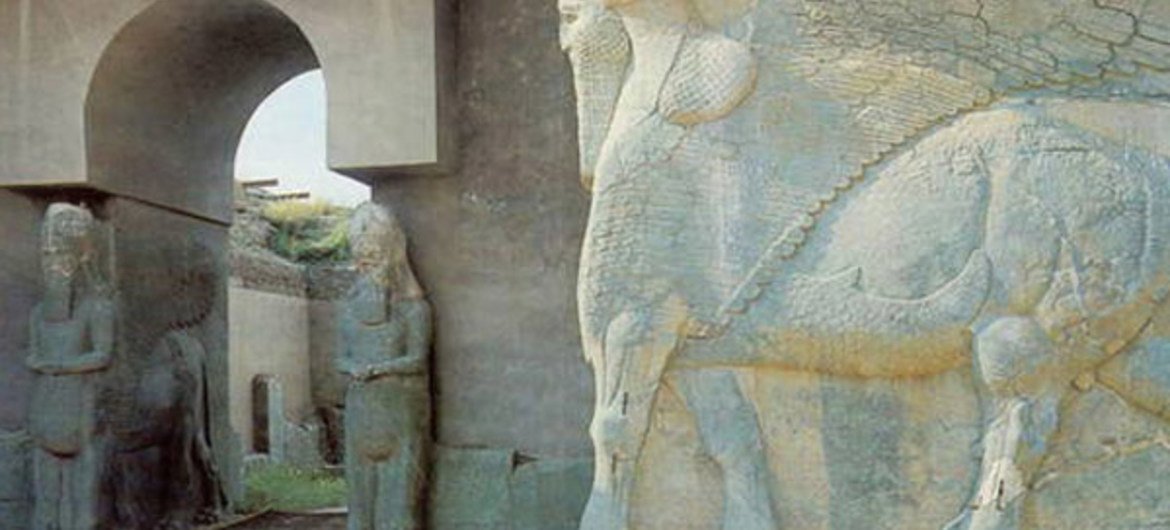 A statue of a lamassu, an Assyrian protective deity, at the North West Palace of Ashurnasirpal in Nimrud, Iraq.