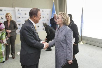 Secretary-General Ban Ki-moon (left) meets with former United States Secretary of State, Hillary Rodham Clinton, at the 59th Commission on the Status of Women side-line gathering.