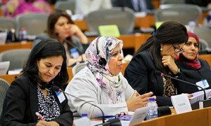 Female politicians at a meeting of women lawmakers from Arab States and members of the European Parliament in November 2014 in Brussels, Belgium.