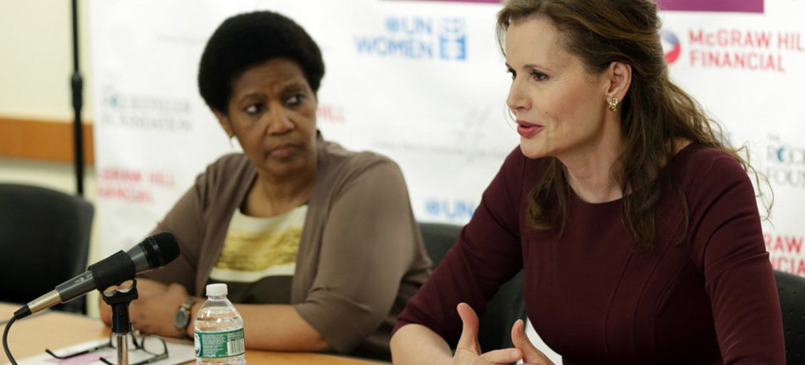 UN Women Executive Director Phumzile Mlambo-Ngcuka (left) and actress Geena Davis, founder and chair of the Geena Davis Institute on Gender in Media.