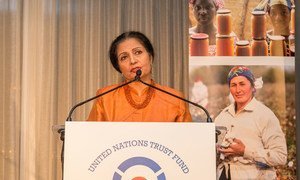 UN Women Deputy Executive Director Lakshmi Puri speaks during the first-ever awards ceremony of the UN Trust Fund to End Violence against Women.