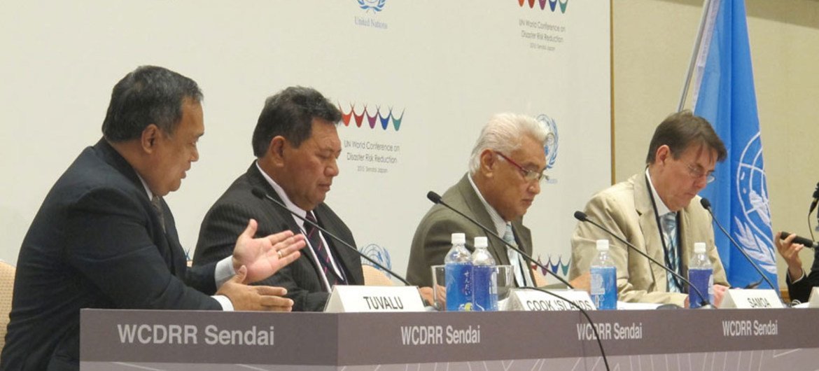 Pacific Island leaders brief press at Third World Conference on Disaster Risk Reduction in Sendai, Japan. Left to right: Ambassador Aunese Makoi Simati of Tuvalu; Foreign Minister Tai Tura of the Cook Islands, and Faamoetauloa Tumaalii, Minister of Natural Resources and Environment of Samoa.
