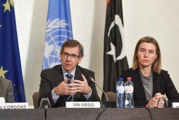 Special Representative for Libya Bernardino Léon (left), delivers remarks at the meeting of Libyan Municipalities and Local Councils representatives in Brussels, Belgium. Federica Mogherini, High Representative of the European Union for Foreign Affairs an
