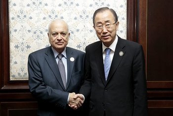 UN Secretary-General Ban Ki-moon (right) and Nabil el-Araby, Secretary-General of the League of Arab States at the 26th Summit of the League of Arab States in Sharm El-Sheikh, Egypt. March 2015