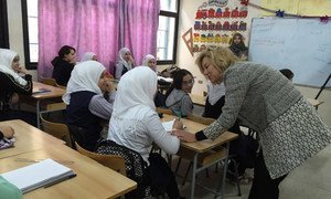 Special Coordinator for Lebanon Sigrid Kaag (right) visiting with students at the Palestinian refugee camp of Ein El-Hilweh in south Lebanon.